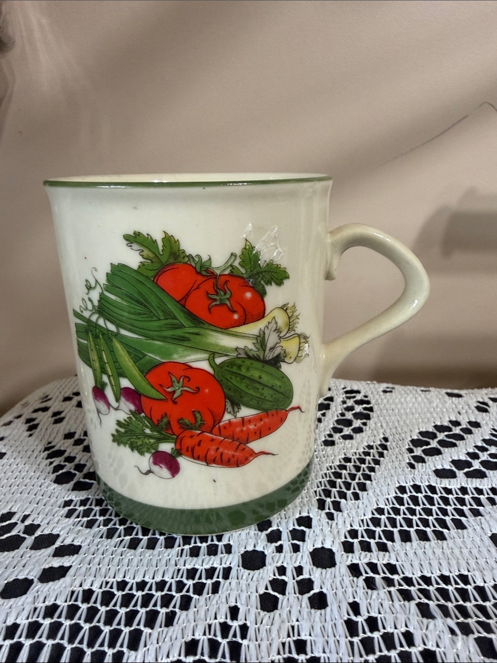 Vintage Vegetable Print Ceramic Mug in Green and White